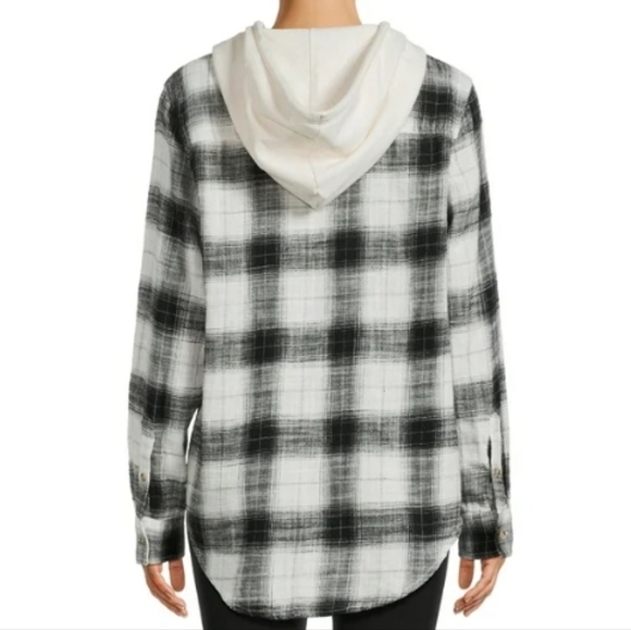 Time & Tru hooded flannel shirt button down black white cream plaid pattern L - Picture 2 of 10